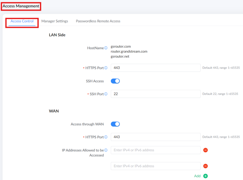 image - Documentation Center Access Management page with LAN/WAN access settings including HTTPS port 443 and SSH port 22, plus IP allow lists.