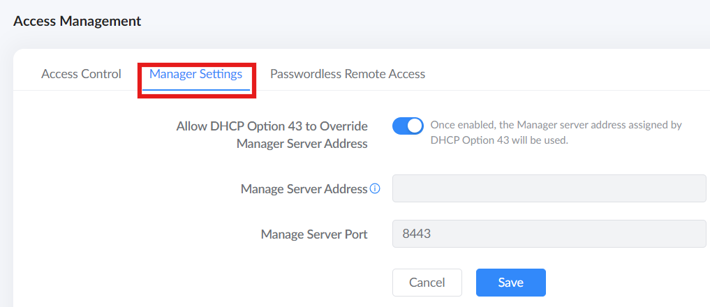 image - Documentation Center Access Management - Manager Settings: DHCP override on, fields for server address and port 8443, with Cancel and Save buttons.