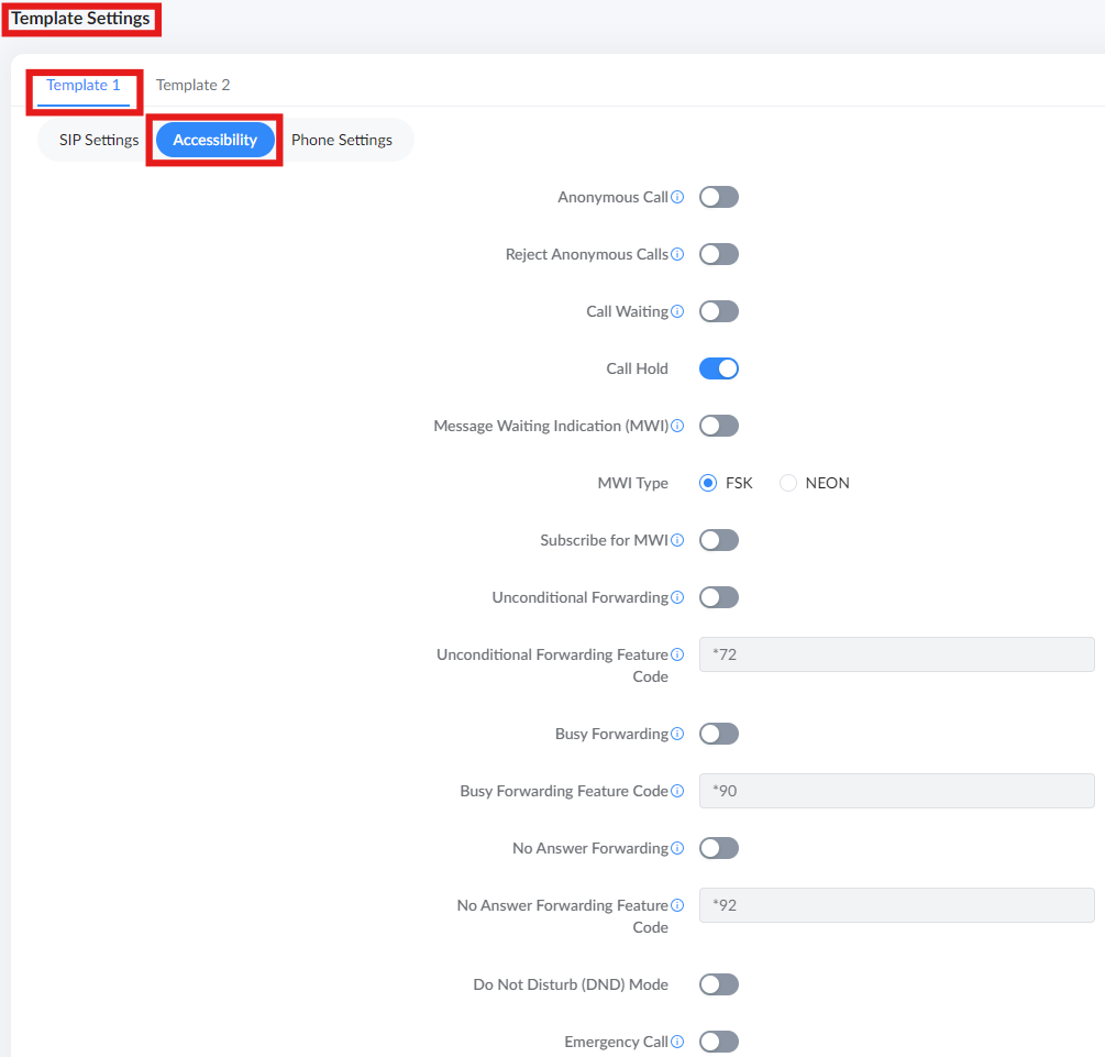 image 5 telephony → template settings → tempalte 1 → accessiibitly page part 2 - Documentation Center Screenshot of the Template Settings page, Accessibility tab. Shows toggles for Anonymous Calls, Reject Anonymous Calls, Call Waiting, Call Hold (on), Message Waiting Indication, and MWI Type (FSK selected); includes forwarding and code fields (e.g., *72, *90, *92) and other related switches and options.