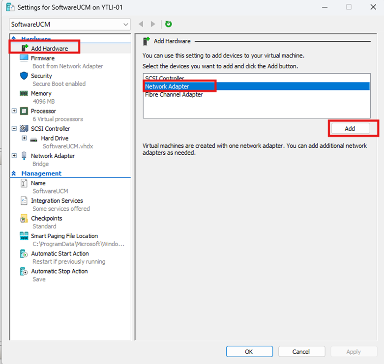 image - Documentation Center Settings dialog: Add Hardware with Network Adapter selected and Add button highlighted.