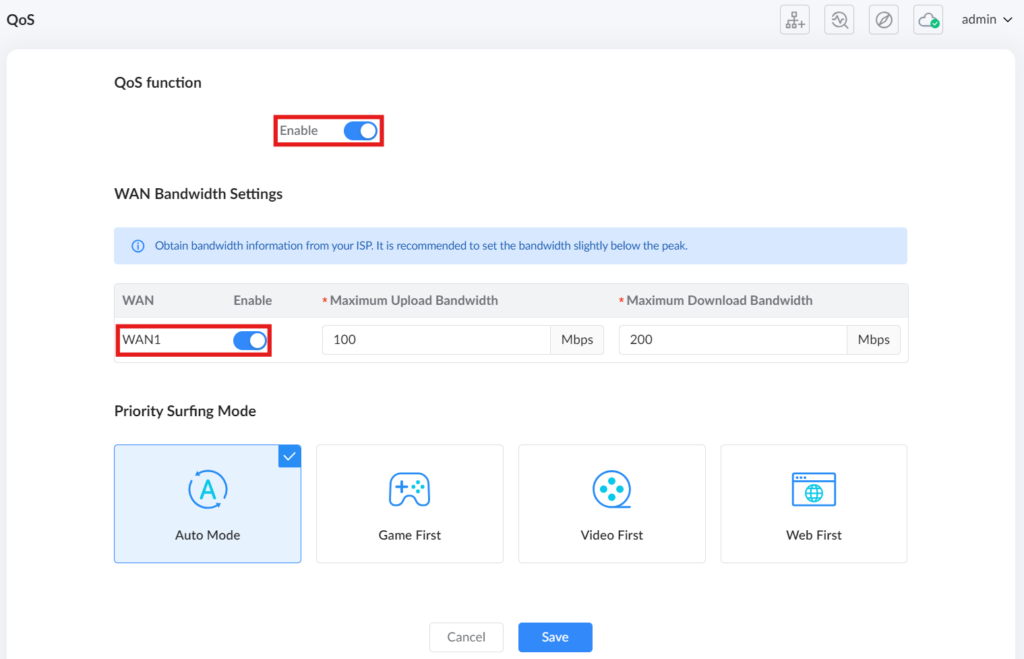 image - Documentation Center QoS settings page with an Enable toggle, WAN bandwidth table showing WAN1 enabled and 100 Mbps up / 200 Mbps down, and Priority Surfing mode options.
