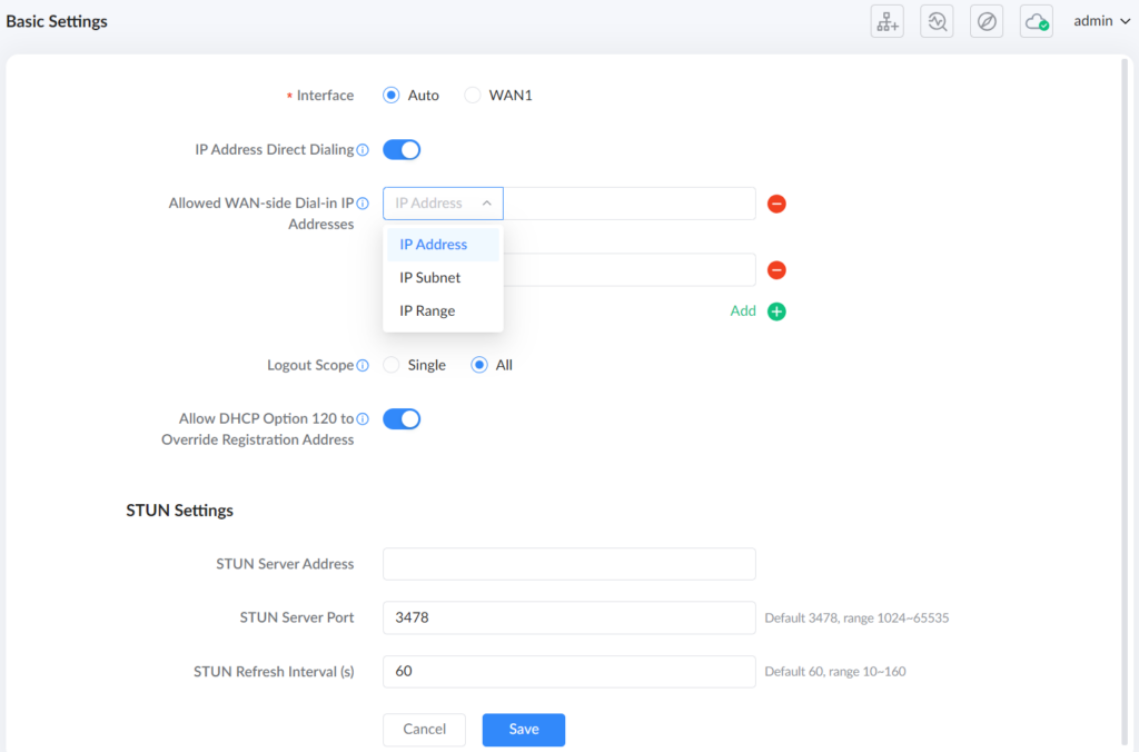 image - Documentation Center Web UI: Basic Settings panel with Interface options (Auto/WAN1), IP Direct Dialing toggle, fields to add allowed WAN IP addresses (IP Address/Subnet/Range) and Add/Remove buttons, Logout Scope options, and STUN settings (server address, port, refresh).