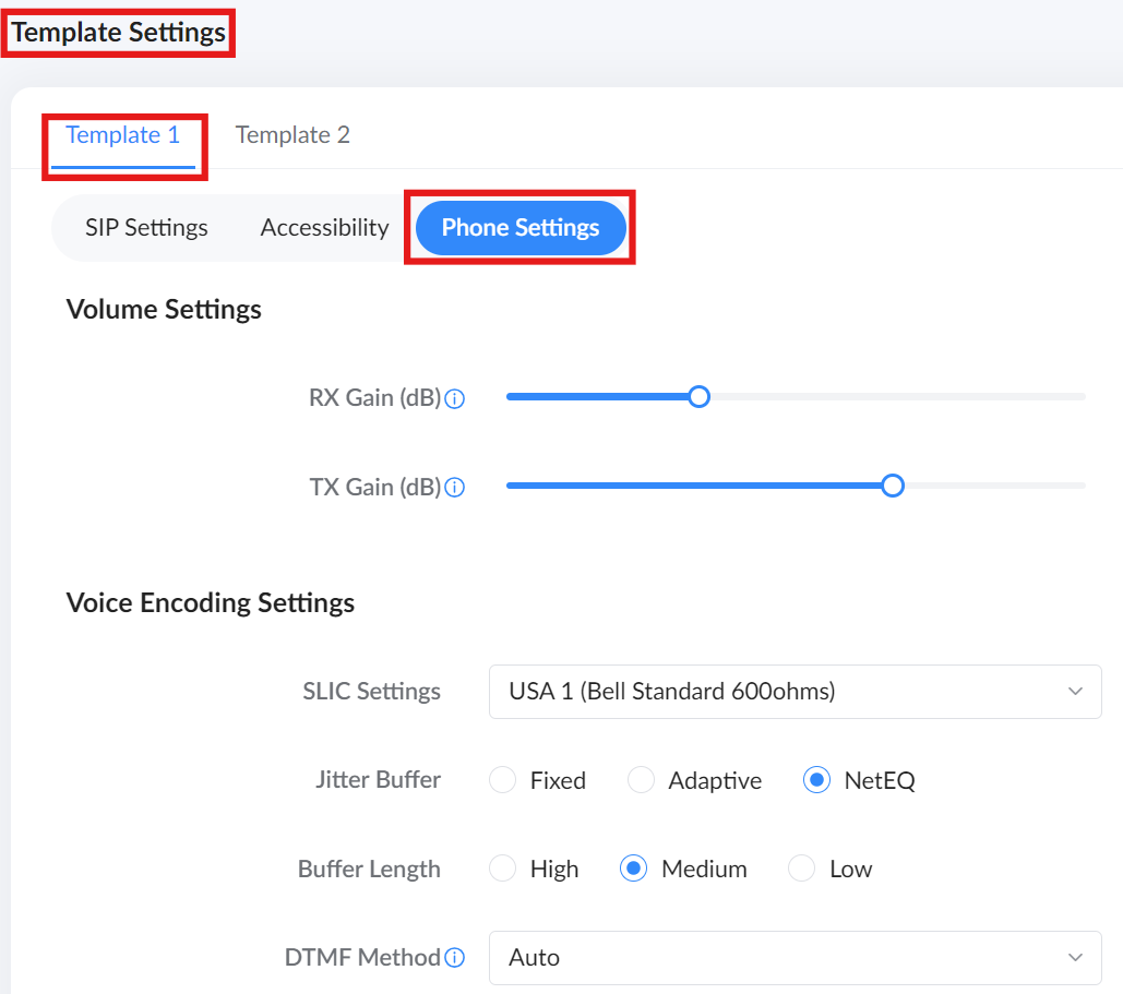 image 6 telephony → template settings → tempalte 1 → phone settings page part 3 - Documentation Center Template Settings: Template 1 active, Phone Settings selected; Volume sliders for RX/TX gain and Voice Encoding options.
