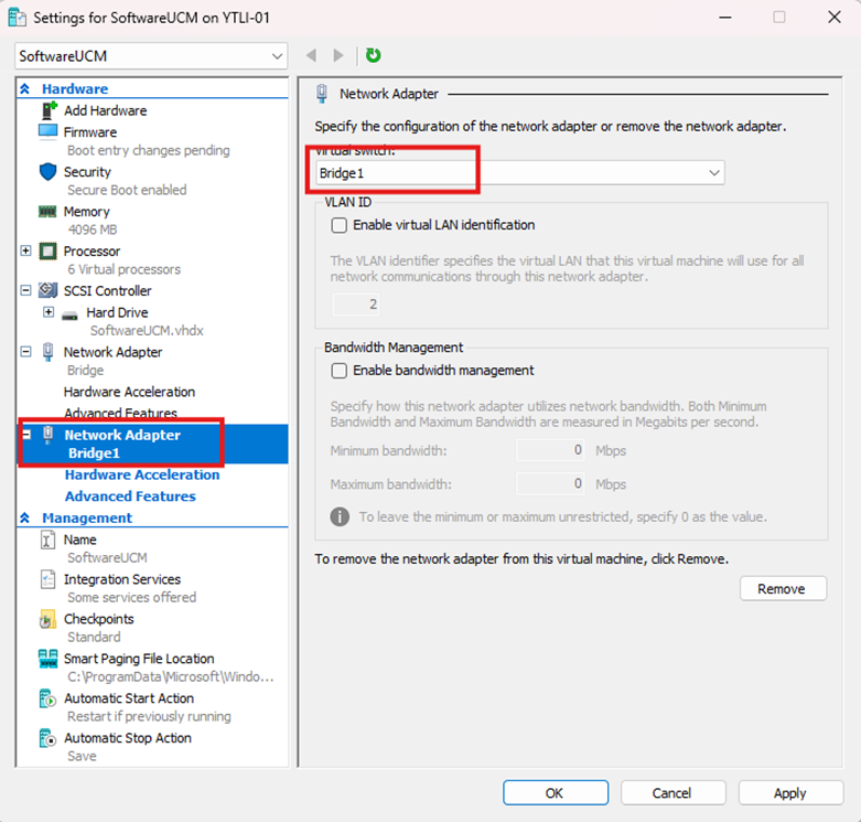 image - Documentation Center Screenshot of VM settings: Network Adapter Bridge1 selected with bridge name highlighted and options for VLAN and bandwidth management (UI panel on right).