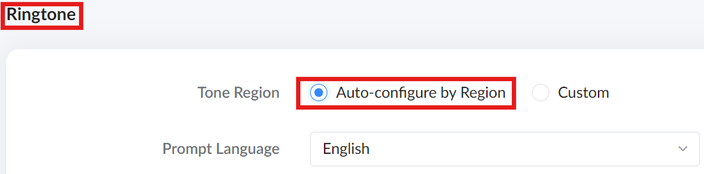 image 7 telephony → ringtone part 1 - auto-configure by region - Documentation Center Ringtone settings panel showing Tone Region with Auto-configure by Region selected; Prompt Language set to English.