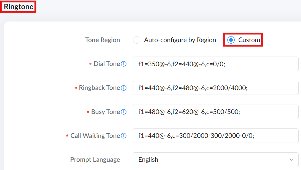 image 8 telephony → ringtone part 2 - custom - Documentation Center Ringtone settings panel with Custom selected; fields for Dial Tone, Ringback Tone, Busy Tone, Call Waiting Tone, and Language: English.