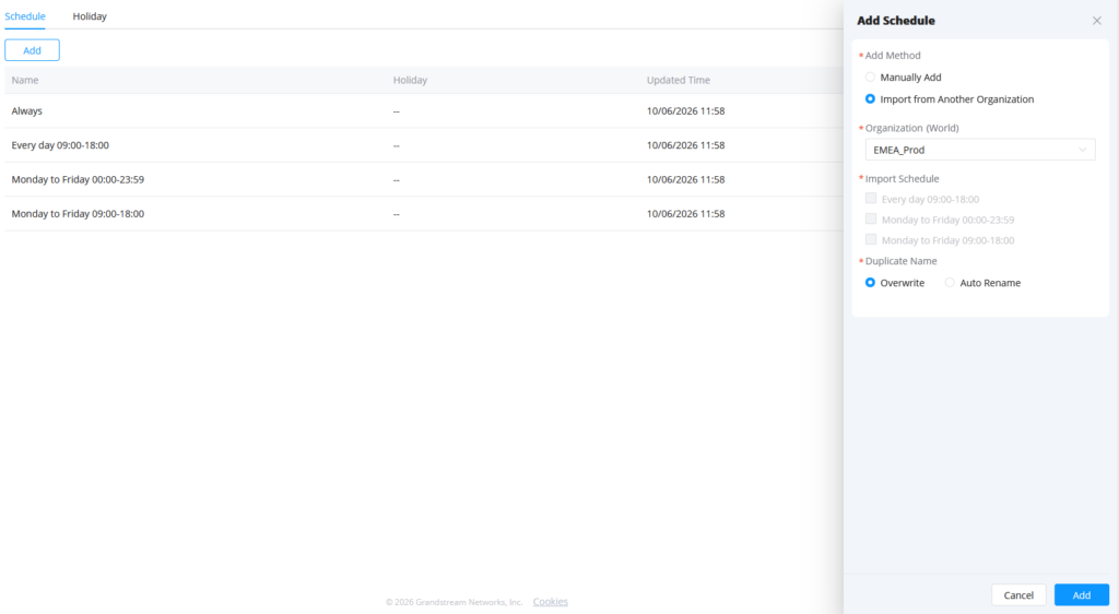 import add shecule - Documentation Center Schedule management page showing four schedule rules and an Add Schedule panel to import from another organization (EMEA_Prod) with Overwrite.