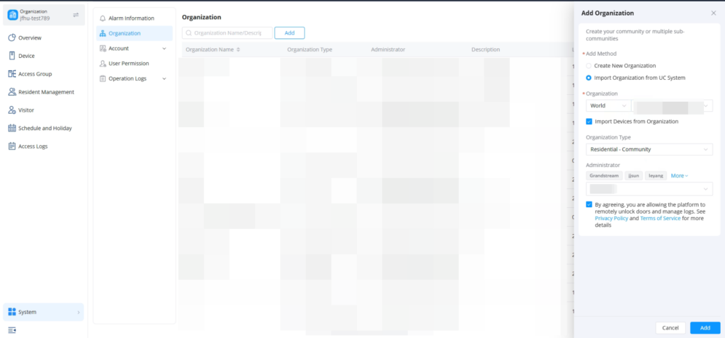 import organization - Documentation Center Admin panel with Organization tab open and an Add Organization dialog on the right