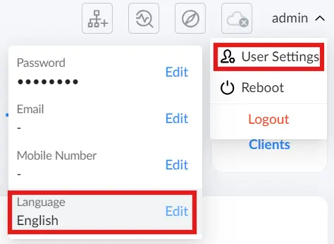 language 1 - Documentation Center Admin UI: right-side User Settings dropdown with options Reboot and Logout; left panel shows Password, Email, Mobile Number fields with Edit links and Language set to English (highlighted).