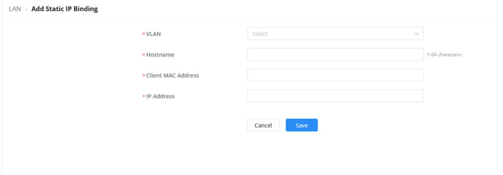 Form to add a static IP binding: VLAN dropdown, hostname, client MAC, IP address, with Cancel and Save buttons.