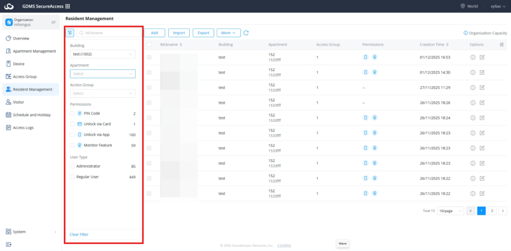 resident management filter - Documentation Center Left-side filter pane for Resident Management with Building, Apartment, Access Group, and Permissions options (filters with dropdowns and checkboxes).