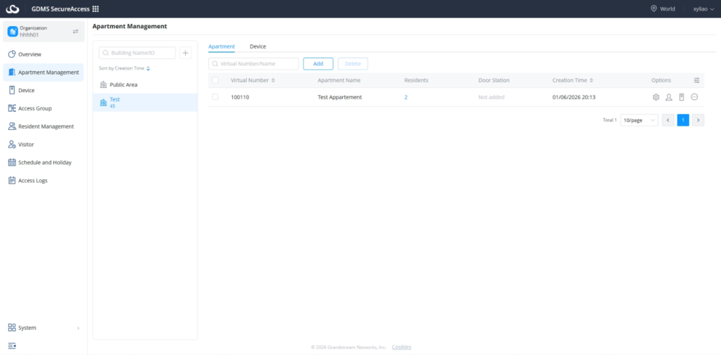 the appartement added - Documentation Center Apartment Management dashboard showing a single apartment entry: Virtual Number 100110, Name 'Test Apartment', 2 residents, created 01/06/2026 20:13.