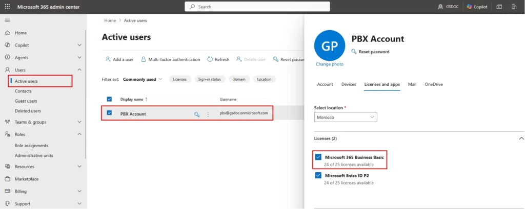 Account_LicensesApps - Documentation Center Microsoft 365 admin center: Active users list with a selected user named 'PBX Account' and its username pbx@g sdoc.onmicrosoft.com in the row. Right panel shows account licenses (Microsoft 365 Business Basic and Microsoft Entra ID P2).