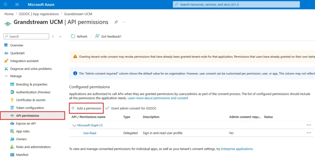 Add_API_Permission - Documentation Center Azure portal: Grandstream UCM API permissions page with a highlighted Add a permission button on the Configured permissions section.