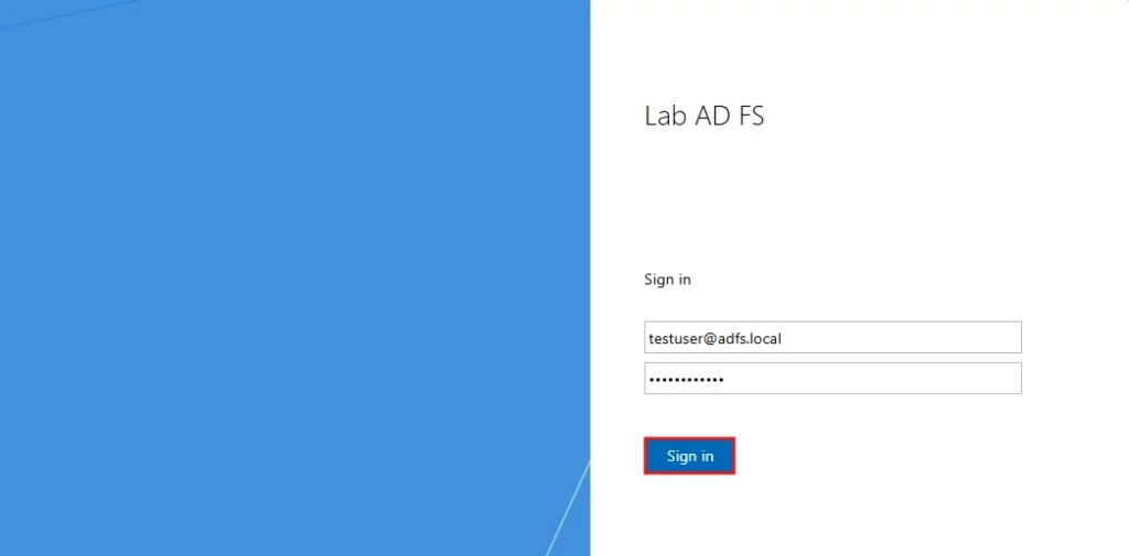 App_Login_Credentials - Documentation Center Lab AD FS sign-in screen with username and password fields and a Sign in button on a white panel with a blue left background edge.