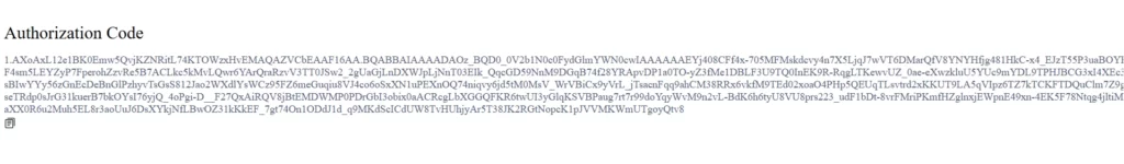Auth_Code_Page - Documentation Center Authorization Code heading with a long string of unreadable characters beneath it.