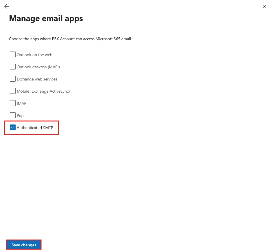 Authenticated_SMTP_Option - Documentation Center Manage email apps settings: Authenticated SMTP is selected; click Save changes to apply.