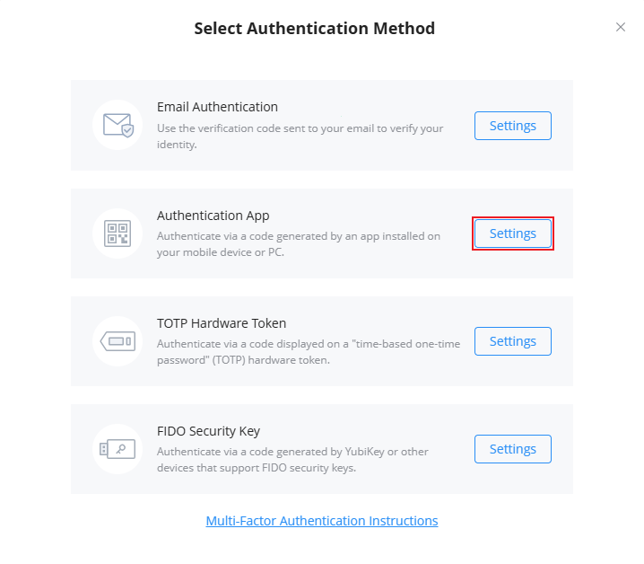 Authentication App Settings - Documentation Center Dialog: Choose authentication method with options for Email, Authentication App, TOTP Hardware Token, and FIDO Security Key; each has a Settings button and a help link below