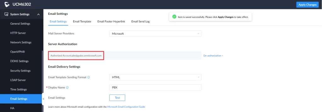 Authorized_Account - Documentation Center Admin panel Email Settings page showing server authorization with Authorized Account: pbx@gsdoc.onmicrosoft.com highlighted; delivery settings include HTML format and Display Name: PBX.