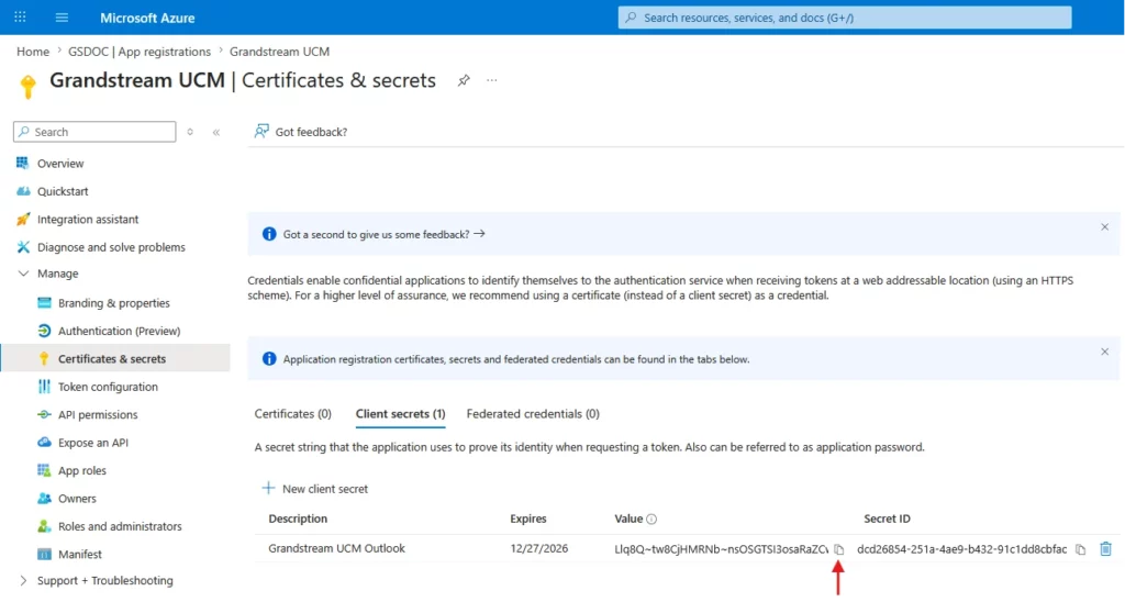Copy_Client_Secret_Value - Documentation Center Azure portal: Grandstream UCM Certificates & secrets page; Client secrets tab shows one secret (Grandstream UCM Outlook), expires 12/27/2026, Secret ID visible.