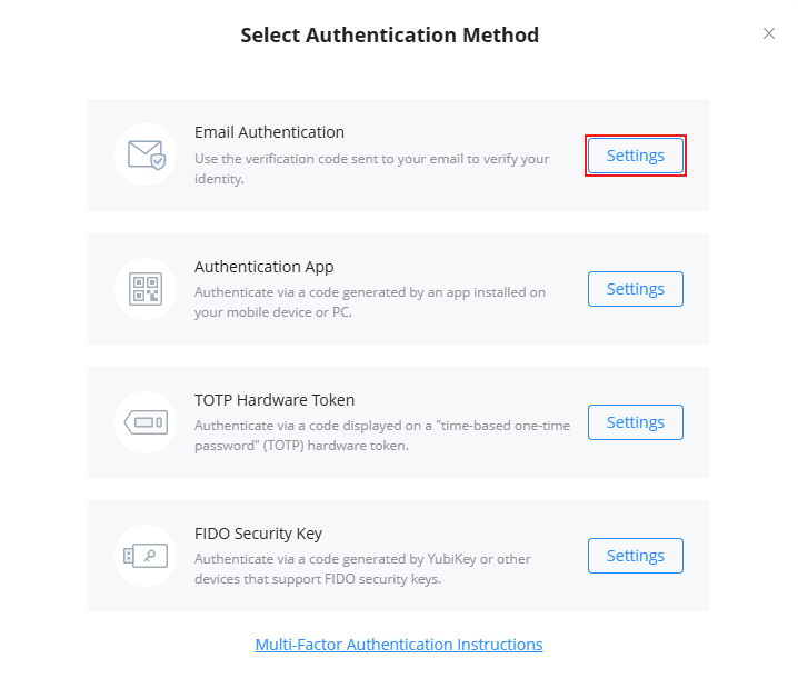 Email Authentication Settings - Documentation Center Modal titled 'Select Authentication Method' listing four options: Email Authentication, Authentication App, TOTP Hardware Token, and FIDO Security Key, each with a Settings button.
