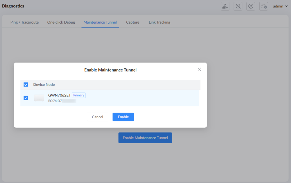 Enable Maintenance Tunnel - Documentation Center Modal titled 'Enable Maintenance Tunnel' with a device list and two buttons: Cancel and Enable, overlaying a Diagnostics page. The dialog shows a checked 'Device Node' item and a 'Primary' tag.