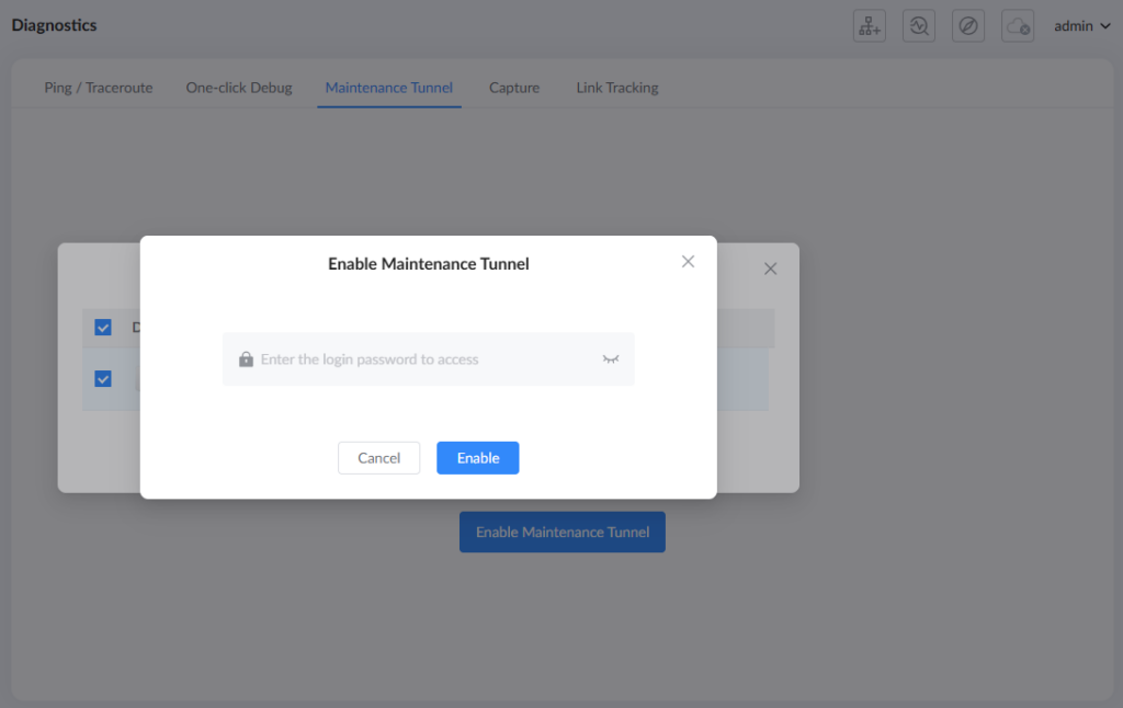 Enable Maintenance Tunnel Enter Admin Password - Documentation Center Modal titled 'Enable Maintenance Tunnel' with a password field and Cancel/Enable buttons. Background shows a Diagnostics page with tabs and a blue Enable button partially visible beneath the modal.