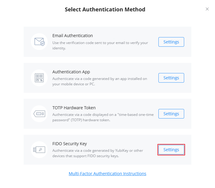 FIDO Security Key Settings - Documentation Center Modal titled 'Select Authentication Method' listing four options: Email Authentication, Authentication App, TOTP Hardware Token, and FIDO Security Key, each with a Settings button; bottom link reads 'Multi-Factor Authentication Instructions'.