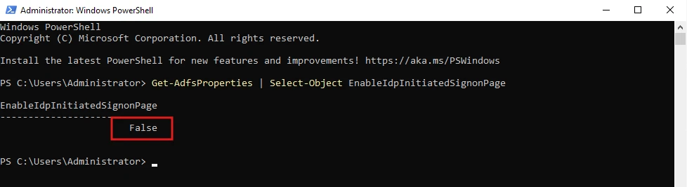 False_Idp_Initiated_LoginADFS - Documentation Center PowerShell output showing EnableIdInitiatedSignonPage = False in an Administrator session.