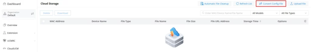 Screenshot of a Cloud Storage dashboard: left navigation panel, top actions including Convert Config File highlighted, empty file list with a central cloud/storage icon.