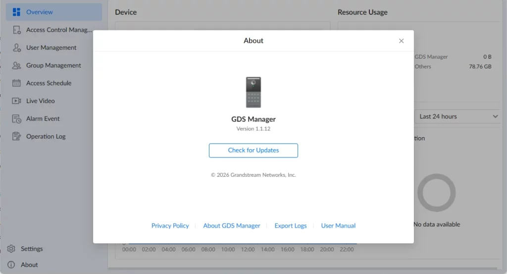 GDS Manager - About - Documentation Center About dialog for GDS Manager showing a device icon, version 1.1.12, a 'Check for Updates' button, copyright line, and footer links (Privacy Policy, About, Export Logs, User Manual).