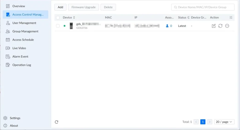 GDS Manager - Access Control Management - Documentation Center Access Control Management dashboard with a single device listed in a table on the right and a vertical navigation menu on the left.