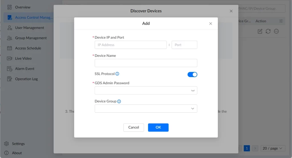 GDS Manager - Access Control Management - Add Device Manually - Documentation Center Modal to add a new device: enter IP/port, name, SSL toggle, password, and device group