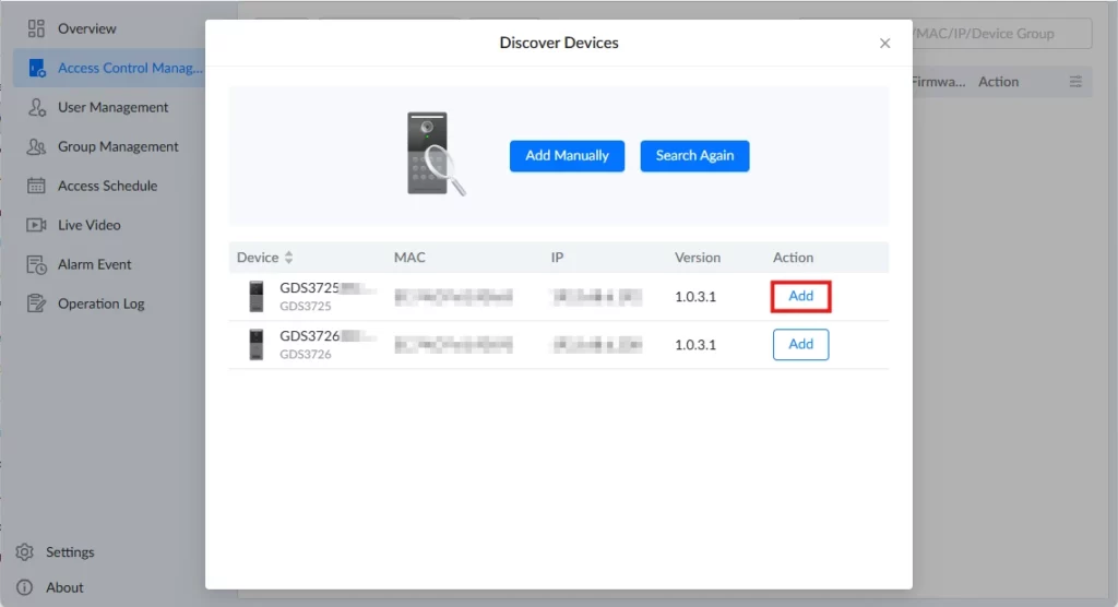 GDS Manager - Access Control Management - Add Discovered Device - Documentation Center Dialog: Discover Devices with two listed devices and Add buttons beside each entry; options: Add Manually, Search Again at top.