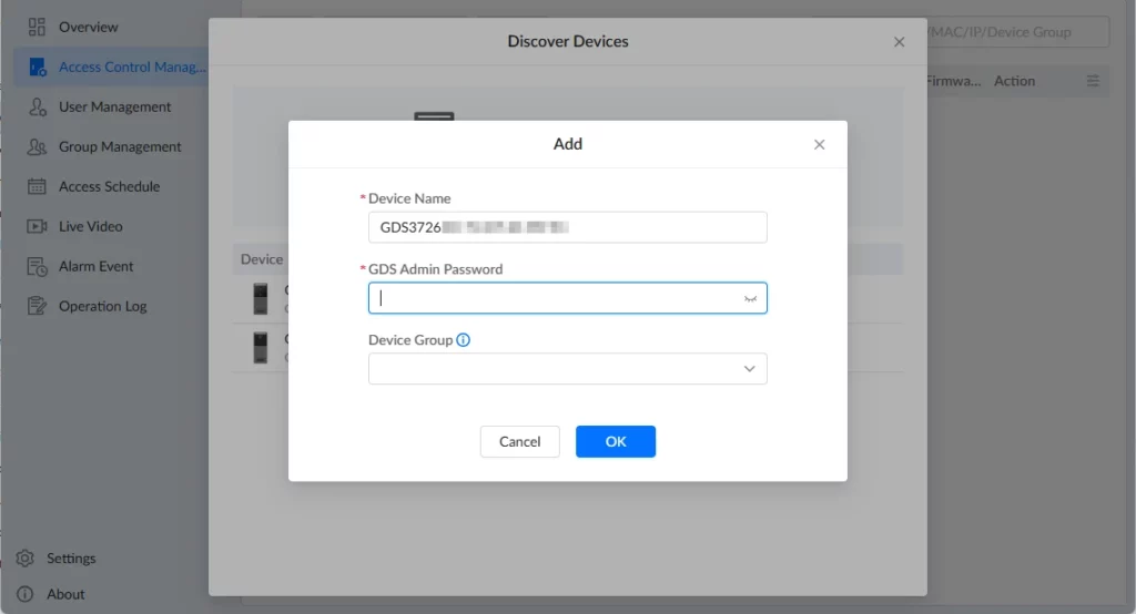 GDS Manager - Access Control Management - Add Discovered Device 2 - Documentation Center Add device dialog: enter Device Name, GDS Admin Password, select Device Group, with Cancel and OK buttons.