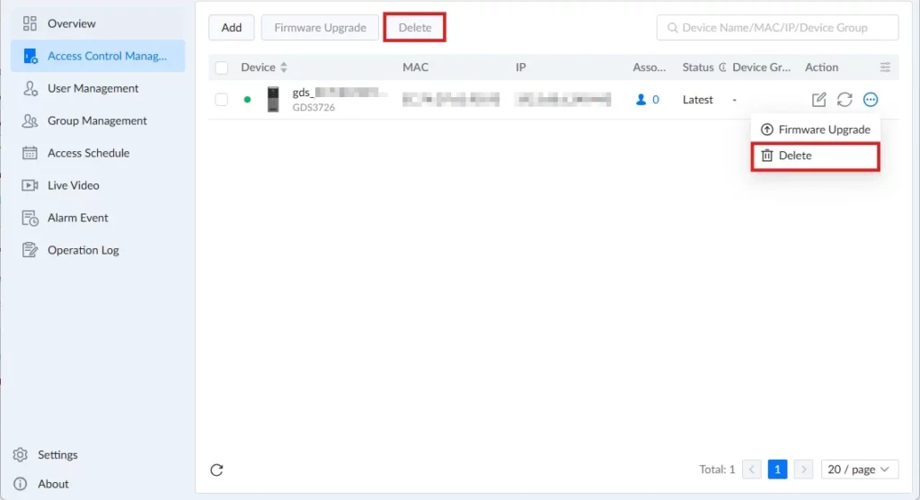 GDS Manager - Access Control Management - Delete Device 1 - Documentation Center Screenshot of an admin console showing Access Control Management with a highlighted Delete button and a Delete option in the context menu for device management