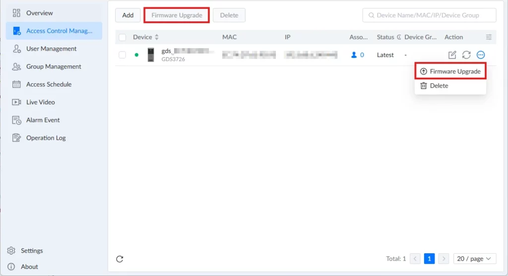 GDS Manager - Access Control Management - Firmware Upgrade - Documentation Center Firmware upgrade option selected in device management UI, with a list of devices and a highlighted Firmware Upgrade button at the top-left panel's header area.