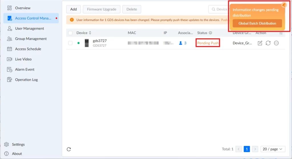 GDS Manager - Access Control Management - Push 1 - Documentation Center Dashboard UI for device management showing one device (gds3727) with a Pending Push status and a right-side notification panel labeled 'Information changes pending distribution' with a 'Global Batch Distribution' button.