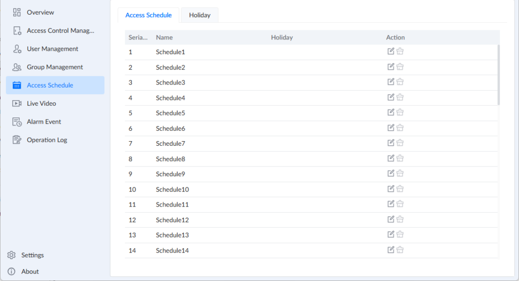GDS Manager - Access Schedule - Access Schedule - Documentation Center Admin panel: list of 14 schedules under Access Schedule with edit/delete actions on each row.