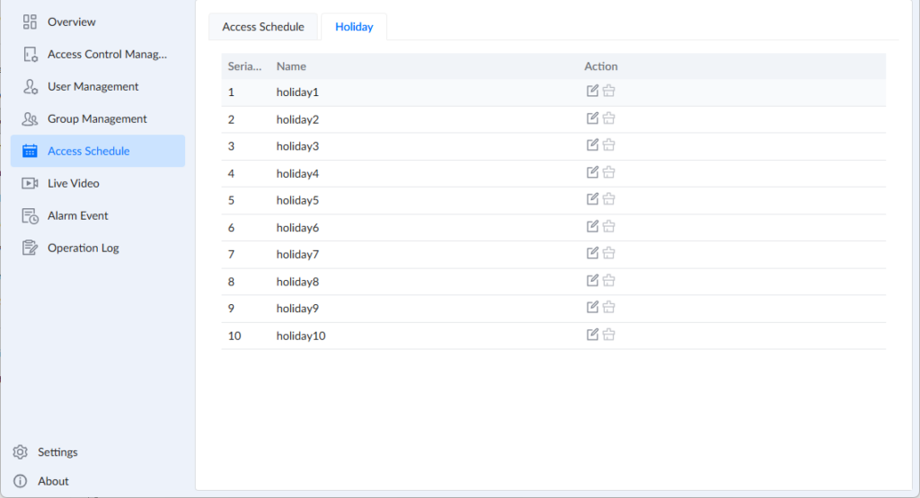 GDS Manager - Access Schedule - Holiday - Documentation Center Admin UI: Access Schedule page with a Holiday tab selected; table lists 1–10 holidays named holiday1 to holiday10 with Edit/Delete actions on each row.