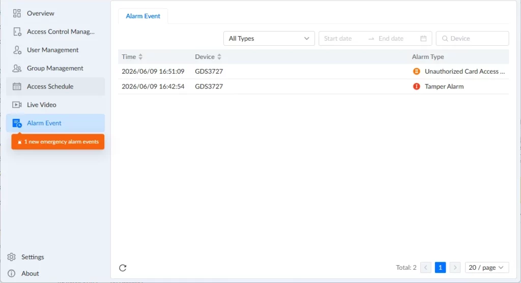 GDS Manager - Alarm Event - Documentation Center Dashboard screenshot showing Alarm Event panel with two alerts for device GDS3727: Unauthorized Card Access and Tamper Alarm; left navigation highlights Access Schedule.
