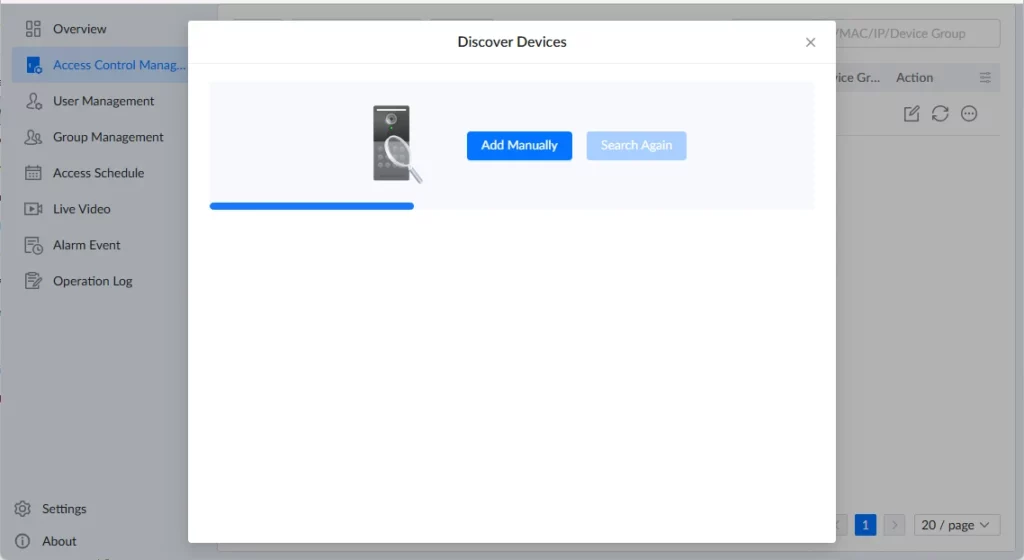 GDS-Manager-Discover-Devices - Documentation Center Discover Devices modal with a server icon and two actions: Add Manually and Search Again, plus a blue progress bar below.