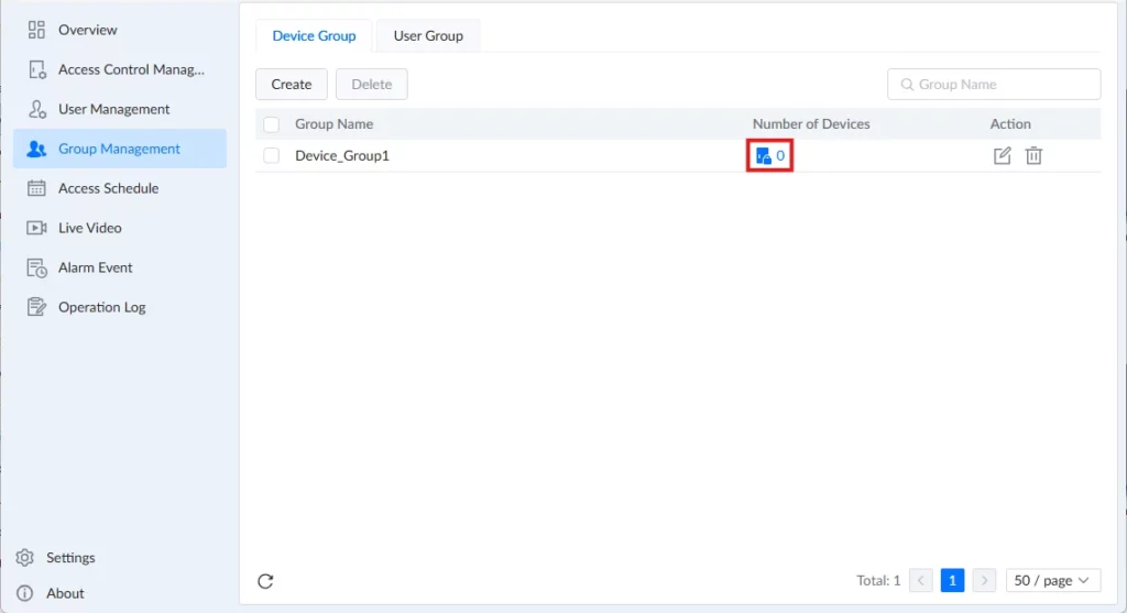 GDS Manager - Group Management - Add Device 1 - Documentation Center Group Management: one group named Device_Group1 showing 0 devices.