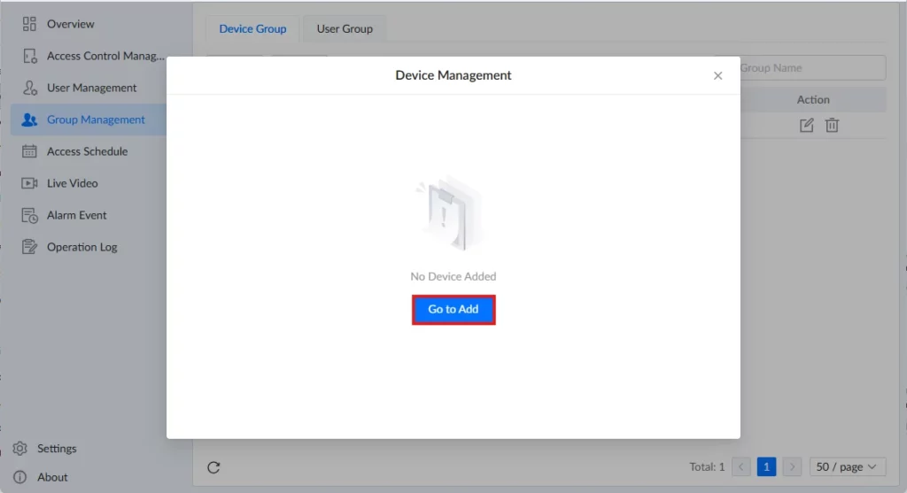 GDS Manager - Group Management - Add Device 2 - Documentation Center Dialog titled'Device Management' with 'No Device Added' message and a 'Go to Add' button to add a device.