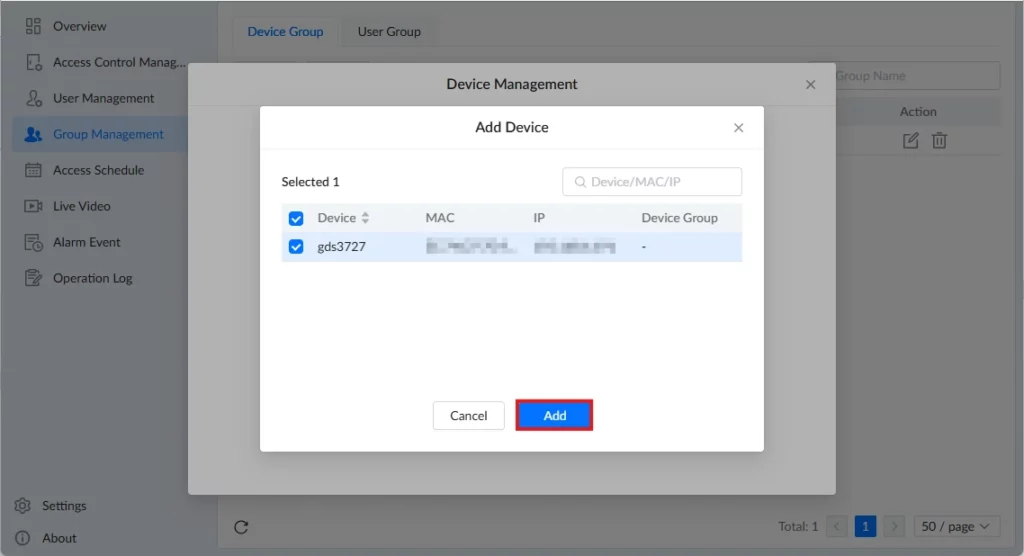 GDS Manager - Group Management - Add Device 3 - Documentation Center Modal: Add Device in Device Management with one selected device listed and Add button highlighted; Cancel available nearby.