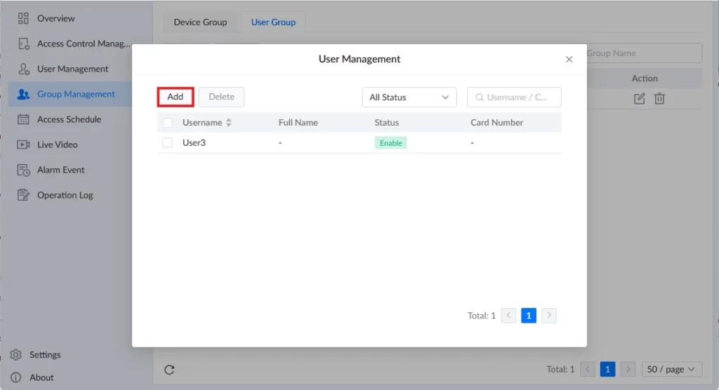 GDS Manager - Group Management - Add User 2 - Documentation Center User Management dialog with Add button highlighted; one user listed with Enable status.