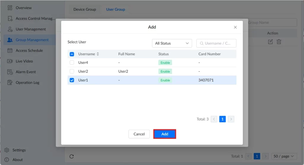 GDS Manager - Group Management - Add User 3 - Documentation Center Modal dialog titled 'Add' with a list of users and checkboxes; User1 is selected, status 'Enable', card number 3407071; Cancel and Add buttons at bottom; left navigation shows Group Management panel in the background.