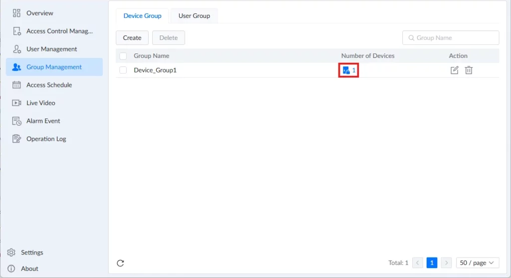 GDS Manager - Group Management - Delete Device 1 - Documentation Center Group Management panel showing a single group named Device_Group1 with 1 device in it