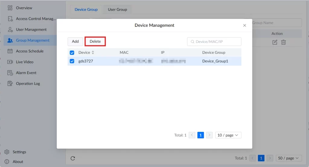 GDS Manager - Group Management - Delete Device 2 - Documentation Center Modal titled'Device Management' with a highlighted 'Delete' button; shows a device list with columns Device, MAC, IP, Device Group; one device selected; pagination controls at bottom.