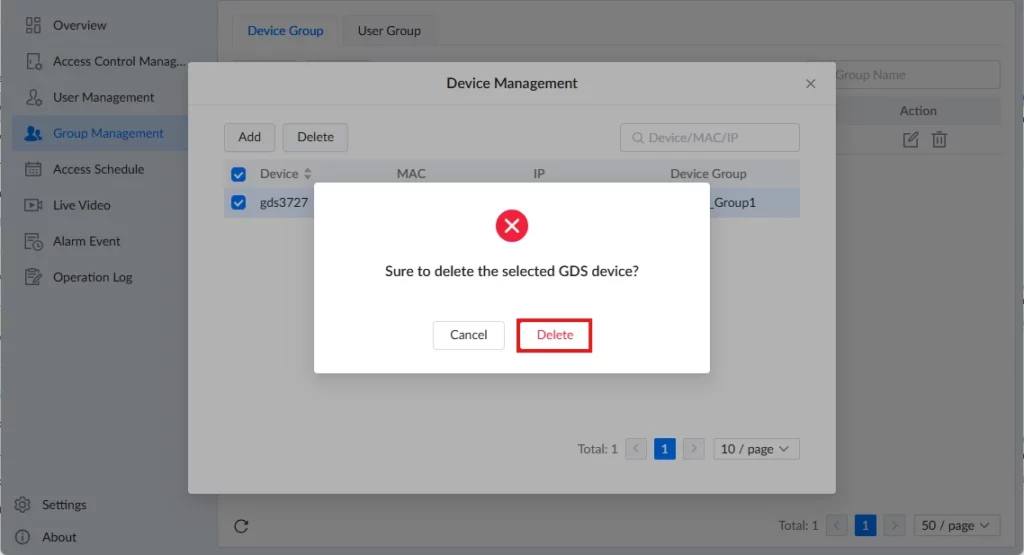 GDS Manager - Group Management - Delete Device 3 - Documentation Center Modal confirmation:'Sure to delete the selected GDS device?' with Cancel and Delete buttons while managing devices in Device Management.